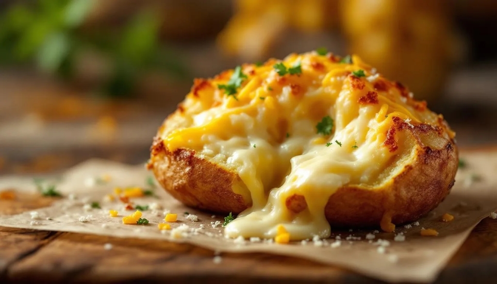 Loaded baked potato oozing with melted cheese and sprinkled with herbs – Yummy Cooking Treats