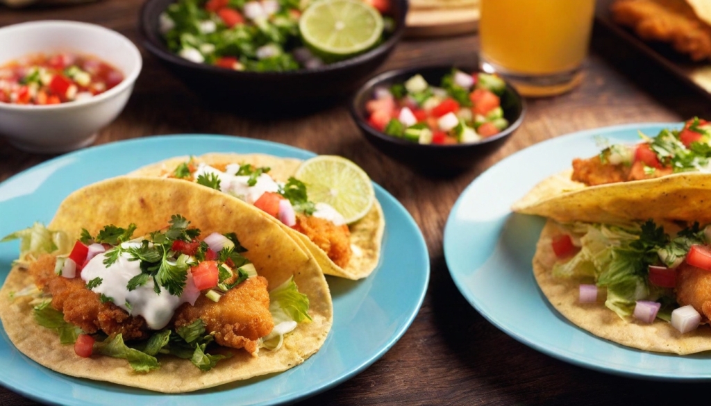 Baja-style fish tacos with crispy fillets, lettuce, pico de gallo, cilantro, and creamy white sauce on blue plates – Yummy Cooking Treats