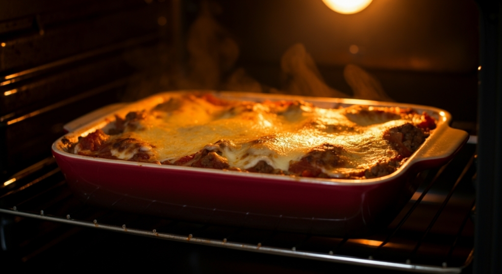 Bubbling chicken parmesan lasagna baking in the oven with golden melted cheese – a comfort food classic by Yummy Cooking Treats