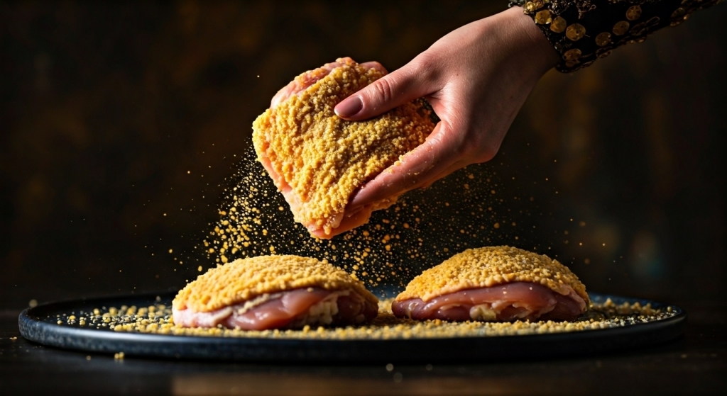 Hand coating raw chicken thighs with golden breading mix on a dark background – Yummy Cooking Treats