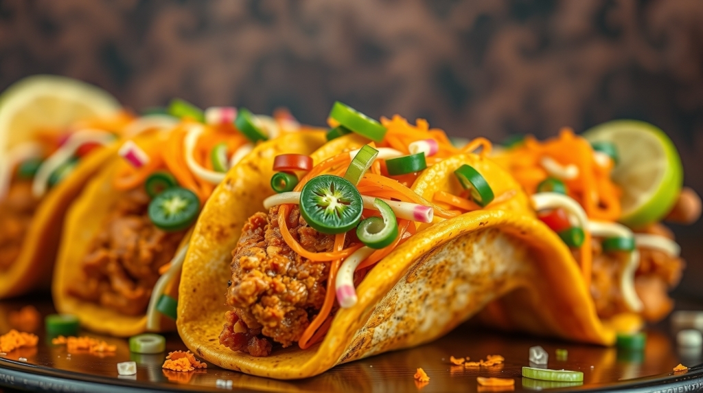Spicy buffalo chicken tacos topped with shredded carrots, sliced jalapeños, green onions, and lime in golden tortillas – Yummy Cooking Treats