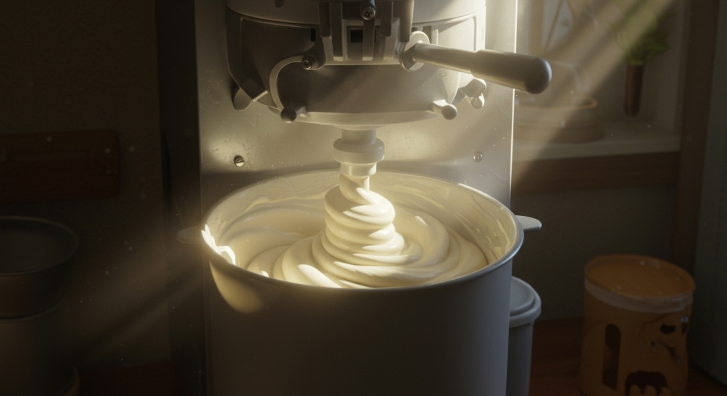 Ice cream being churned in a machine with soft-serve texture forming under sunlight – Yummy Cooking Treats