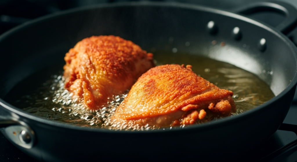 Two golden, breaded chicken thighs frying in hot oil in a non-stick pan – Yummy Cooking Treats