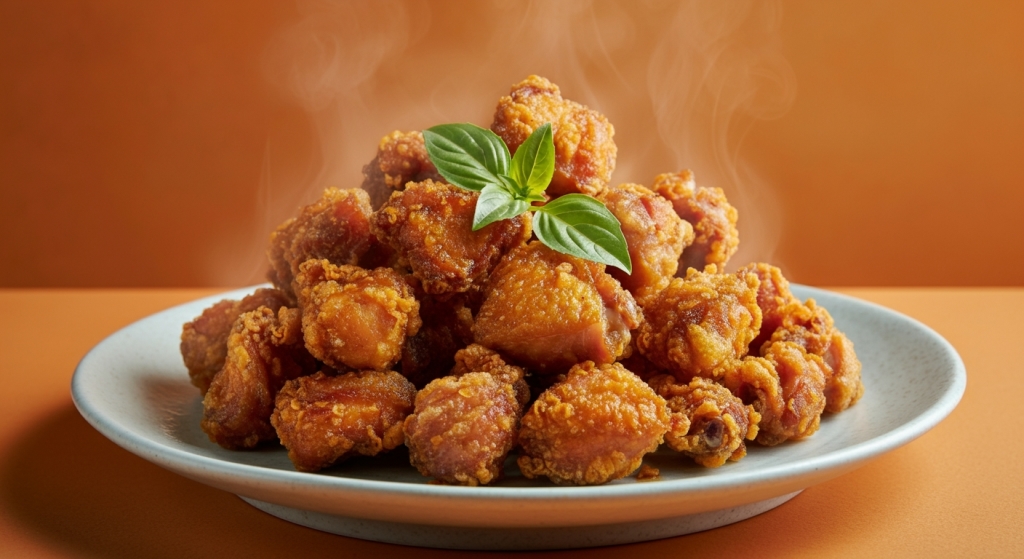 Golden crispy Taiwanese popcorn chicken served hot on a plate with basil garnish – Yummy Cooking Treats