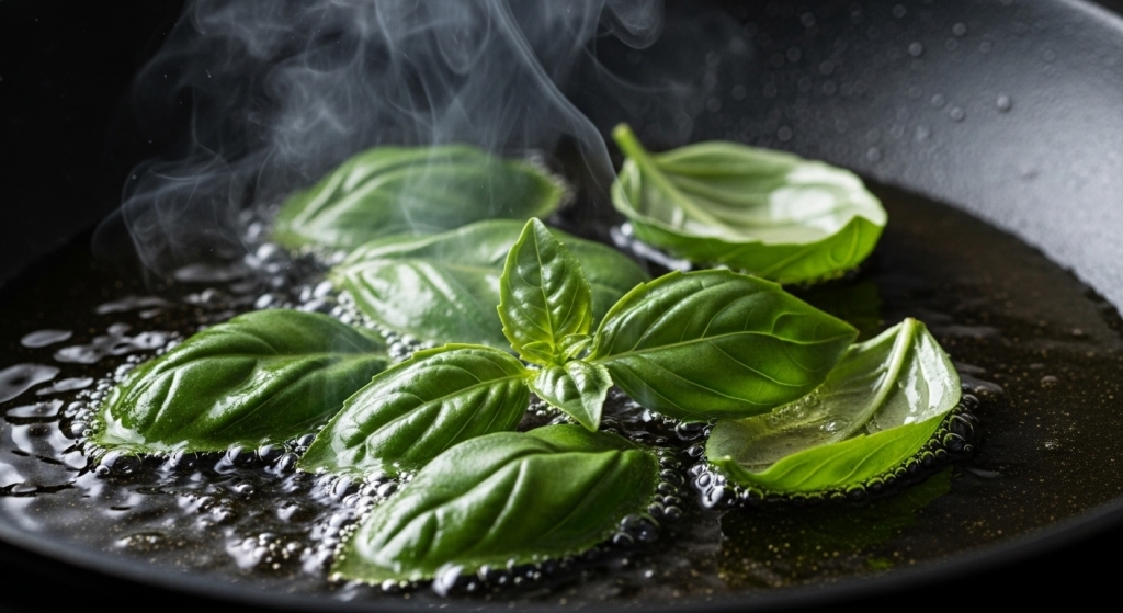Fresh basil leaves sizzling in hot oil with steam rising, showcasing vibrant green and crisp texture – Yummy Cooking Treats