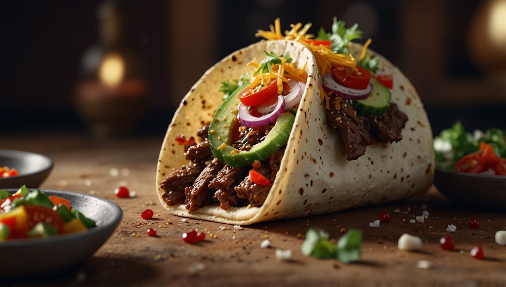 Soft tacos filled with marinated Korean beef, sliced cucumber, red onion, tomatoes, and shredded cheese – Yummy Cooking Treats