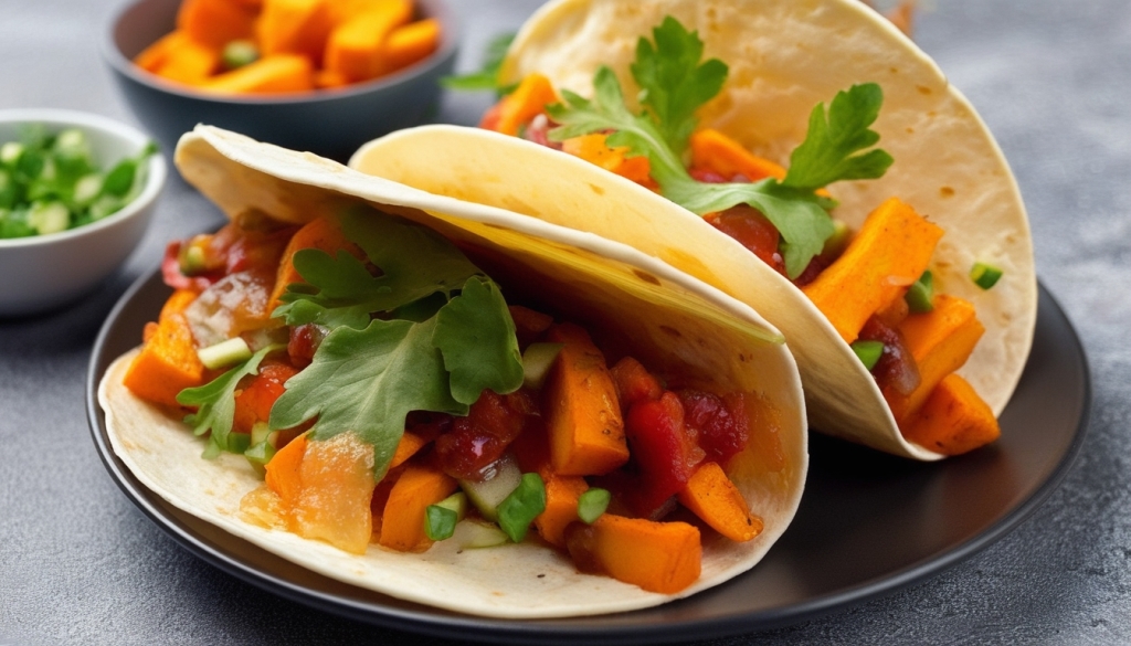 Soft tacos filled with roasted sweet potatoes, salsa, green onions, and fresh herbs on a black plate – Yummy Cooking Treats