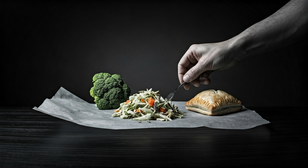 Hand assembling broccoli slaw with puff pastry and raw broccoli on parchment paper – Yummy Cooking Treats recipe in progress