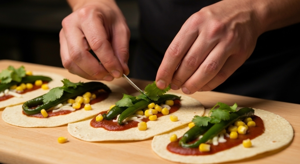 Hands assembling enchiladas with corn, poblano peppers, sauce, cheese, and cilantro on tortillas – Yummy Cooking Treats prep step
