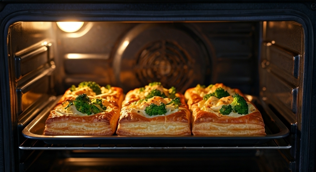 Golden puff pastries with broccoli and cheese baking in oven – Yummy Cooking Treats savory bakes on a tray in warm oven light