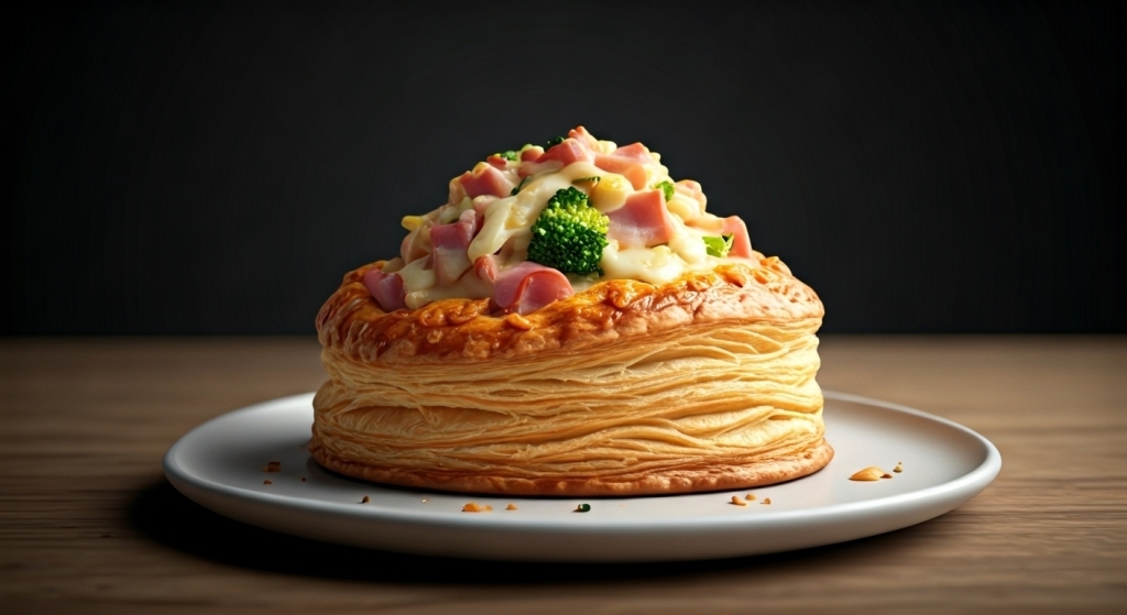 Flaky puff pastry topped with creamy ham, broccoli, and cheese filling on a white plate – Yummy Cooking Treats savory brunch dish