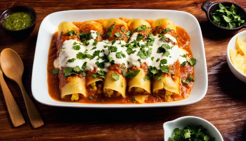 Plated enchiladas topped with red salsa, sour cream, and fresh cilantro, served with chips and green sauce – Yummy Cooking Treats final dish