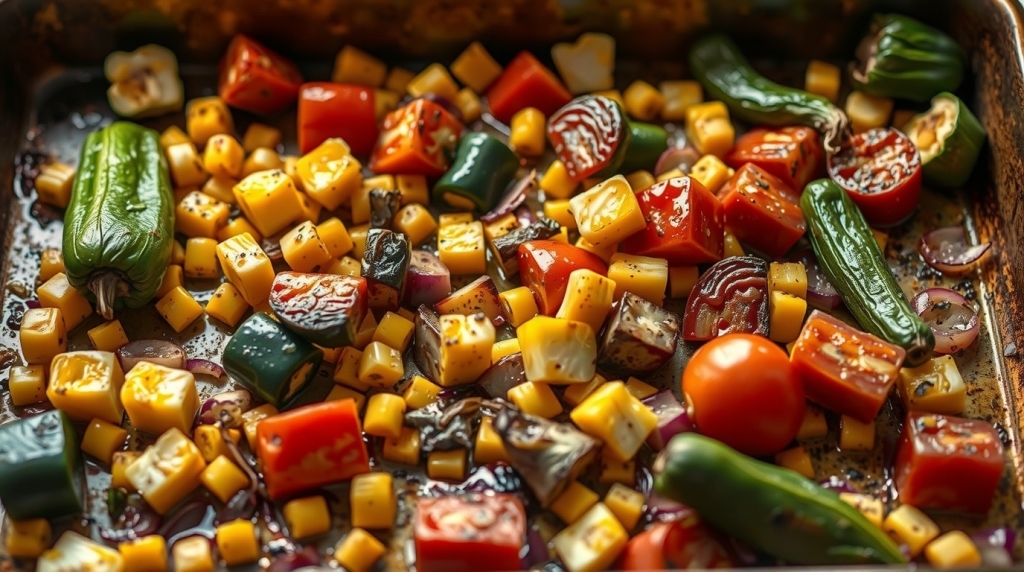 Sheet pan of roasted poblano peppers, cherry tomatoes, and cheese cubes with seasoning – Yummy Cooking Treats veggie bake prep