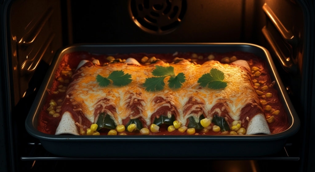 Sheet pan enchiladas with poblano peppers, sweet corn, cheese, and cilantro baking in oven – Yummy Cooking Treats hyper-realistic photo