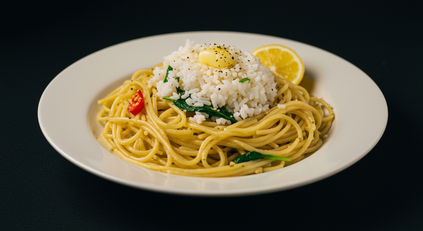Plate of buttered noodles with a mound of lemon-herb rice, garnished with red chili, greens, and a lemon slice – Yummy Cooking Treats