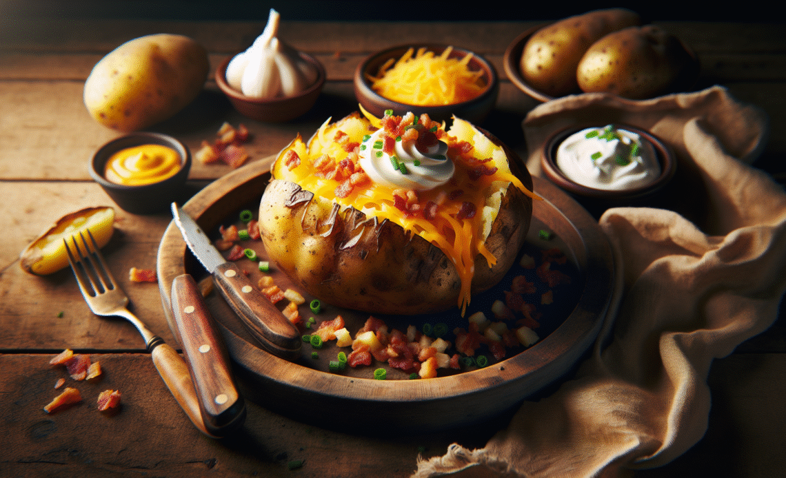 Fully loaded baked potato topped with melted cheddar cheese, sour cream, crispy bacon bits, and fresh chives on a rustic wooden plate – delicious comfort food from Yummy Cooking Treats.