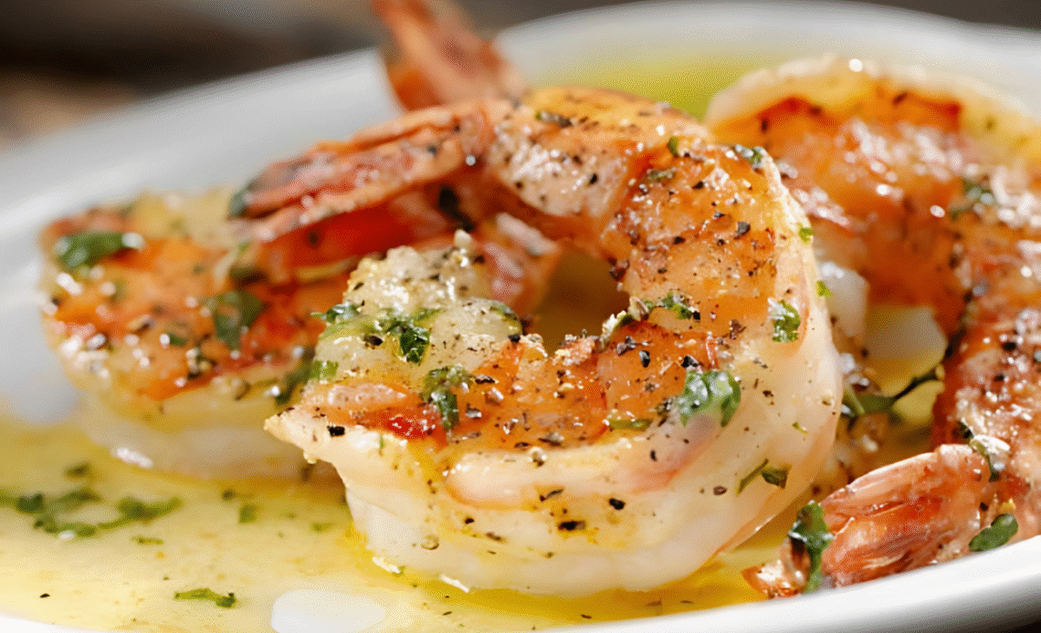 Close-up of seared garlic butter shrimp garnished with herbs and bathed in lemony butter sauce – a quick and easy seafood recipe by Yummy Cooking Treats.