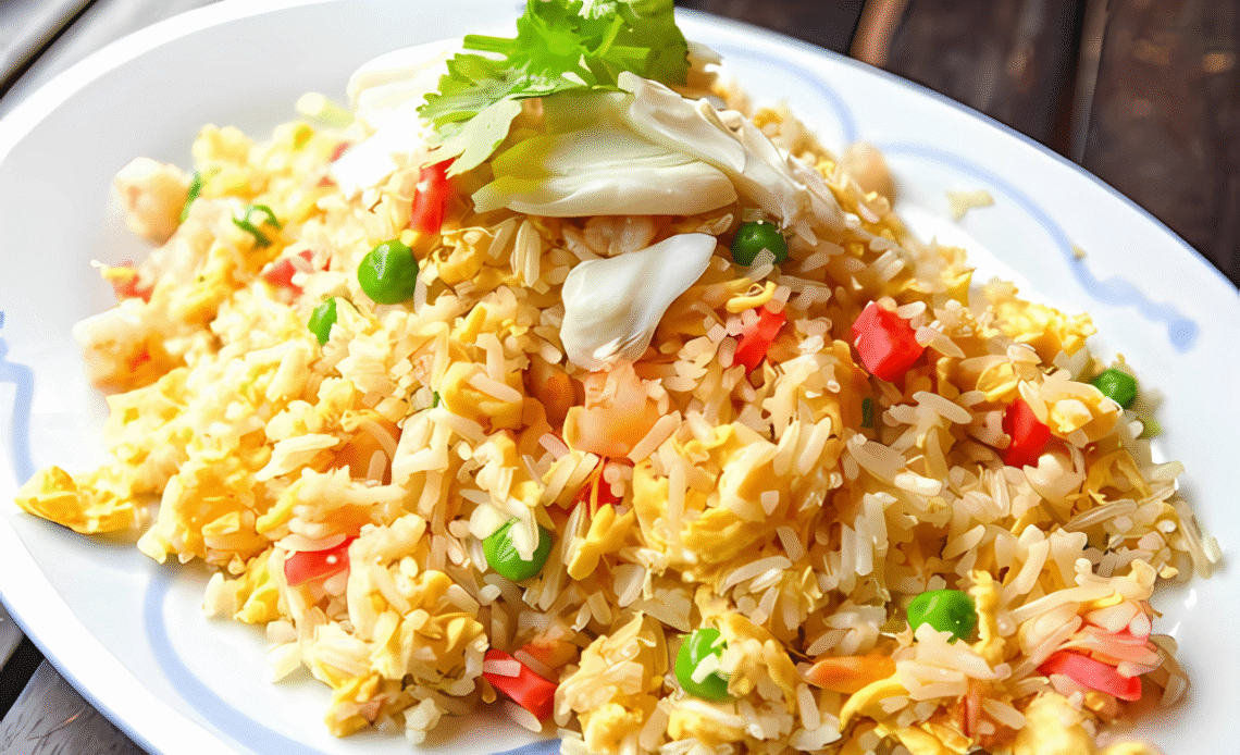 Colorful plate of egg fried rice with peas, red bell peppers, scrambled eggs, and garnished with lettuce and cilantro – quick homemade recipe from Yummy Cooking Treats.